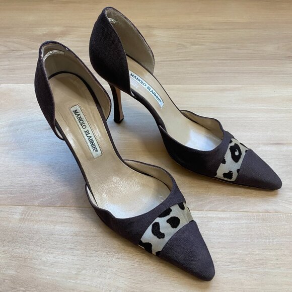 Manolo Blahnik D'orsay Brown Linen Leopard Accent Pumps Pointed Toe Sz 39 / US 9 - Picture 11 of 11